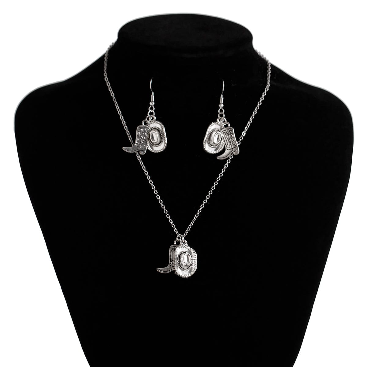 Trendy Cowboy Hat Boot Pendnat Necklace Earrings Set - ArtGalleryZen