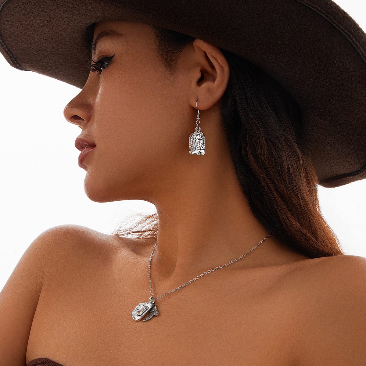 Trendy Cowboy Hat Boot Pendnat Necklace Earrings Set - ArtGalleryZen