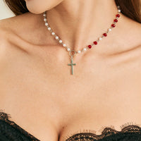Thumbnail for Trendy Cross Pendant Pearl Crystal Chain Necklace - ArtGalleryZen