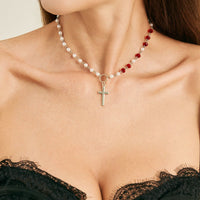 Thumbnail for Trendy Cross Pendant Pearl Crystal Chain Necklace - ArtGalleryZen