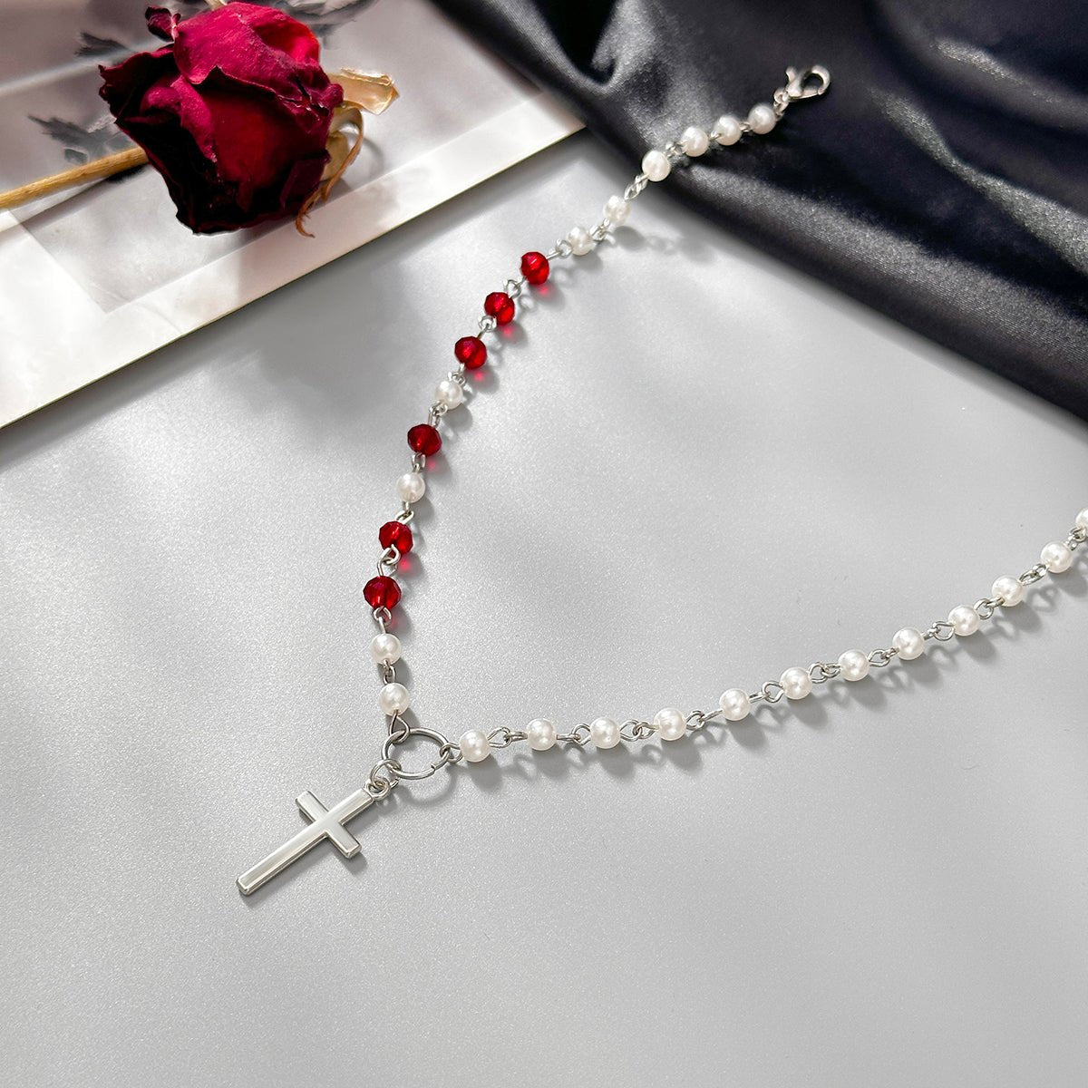 Trendy Cross Pendant Pearl Crystal Chain Necklace - ArtGalleryZen
