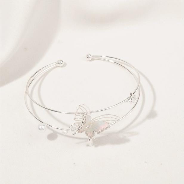 Trendy Crystal Inlaid Enamel Butterfly Pearl Charm Bangle Bracelet - ArtGalleryZen