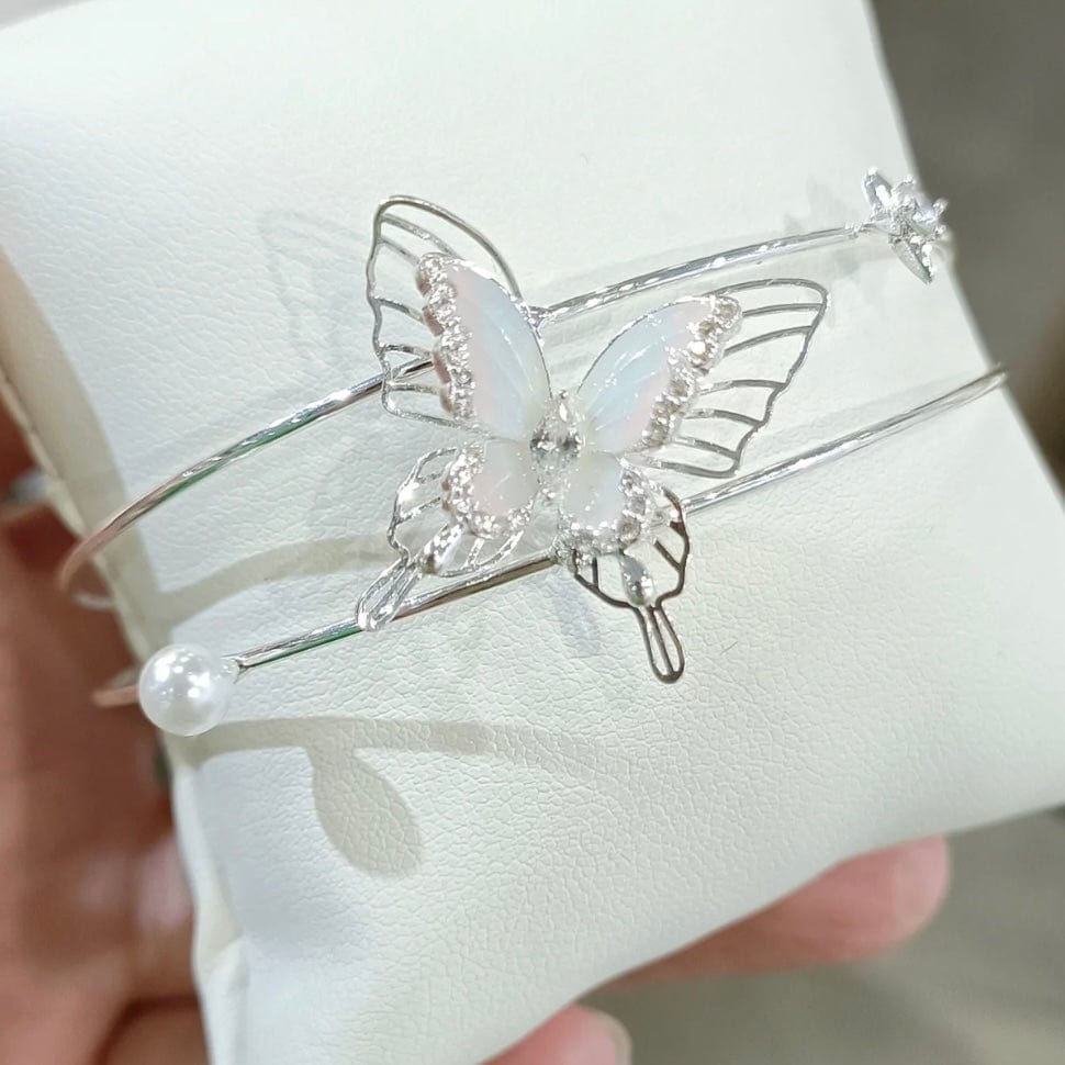 Trendy Crystal Inlaid Enamel Butterfly Pearl Charm Bangle Bracelet - ArtGalleryZen