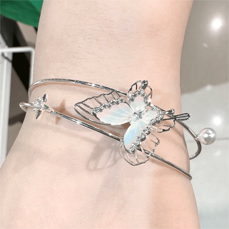 Trendy Crystal Inlaid Enamel Butterfly Pearl Charm Bangle Bracelet - ArtGalleryZen
