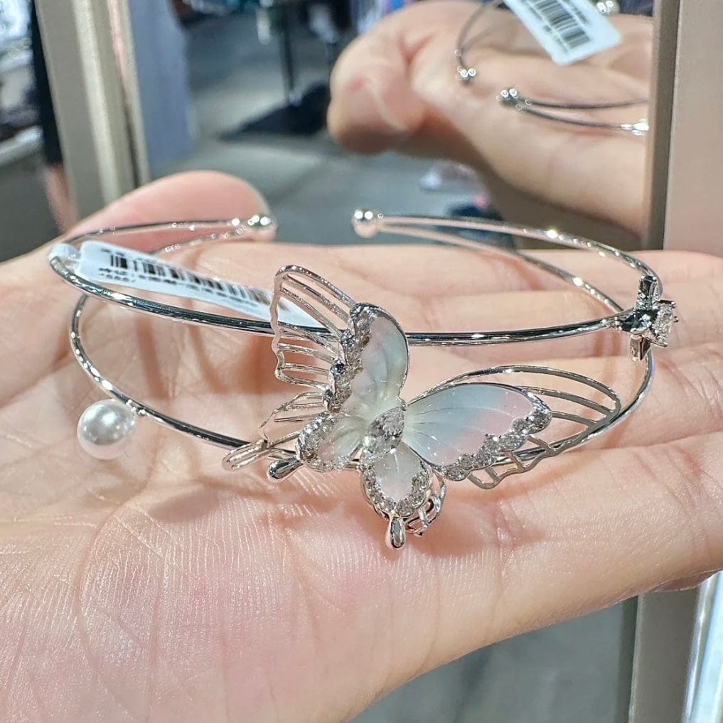 Trendy Crystal Inlaid Enamel Butterfly Pearl Charm Bangle Bracelet - ArtGalleryZen