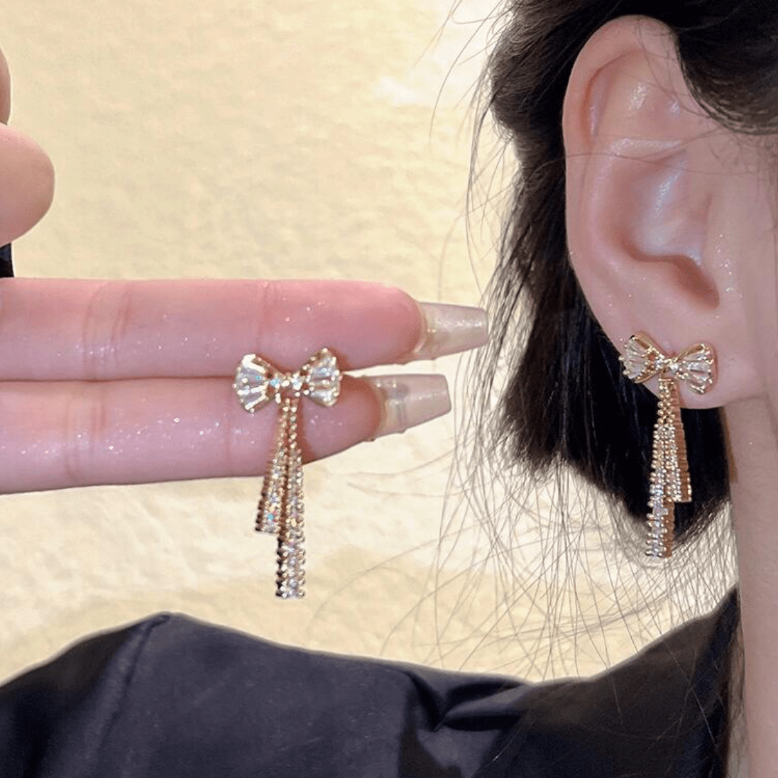 Trendy CZ Inlaid Bowknot Tassel Earrings - ArtGalleryZen