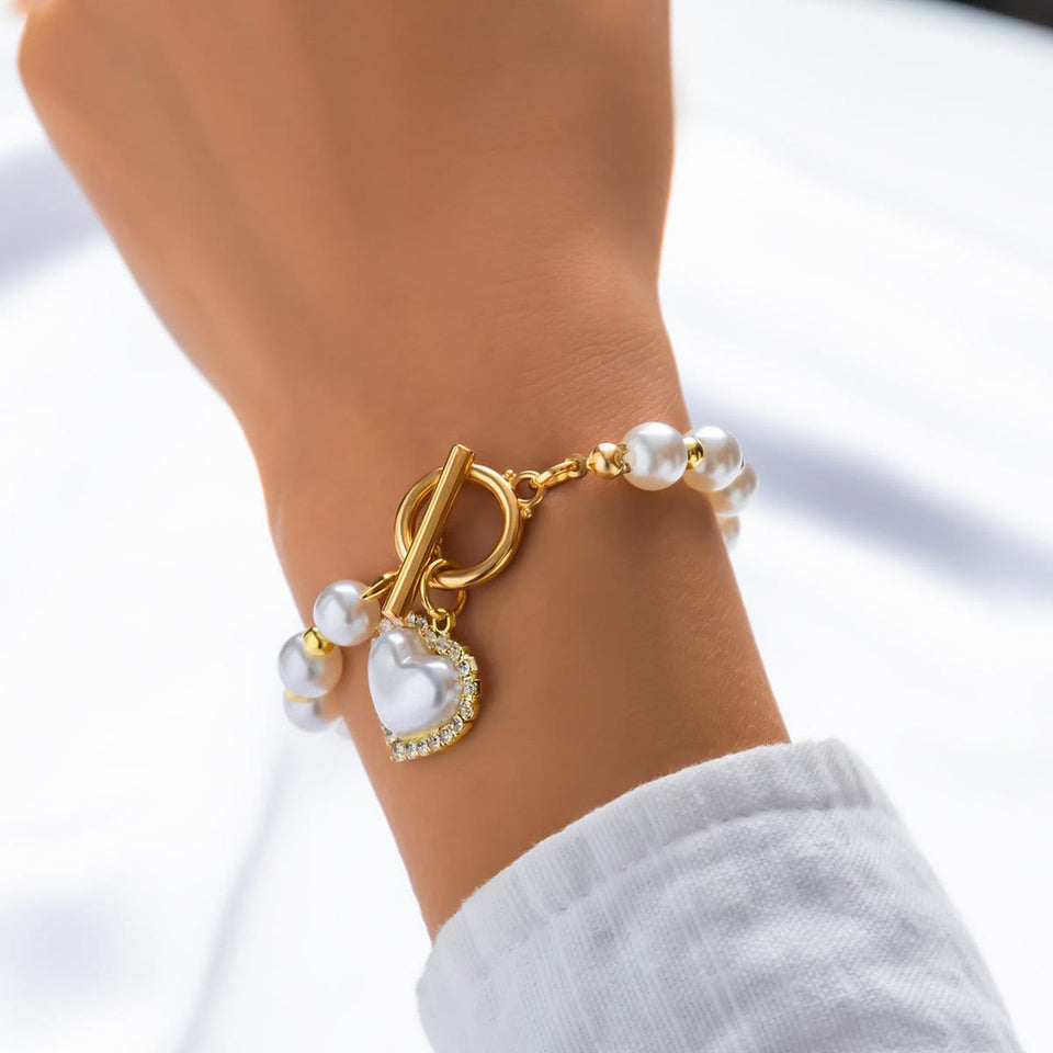 Trendy CZ Inlaid Heart Charm Toggle Clasp Pearl Chain Bracelet