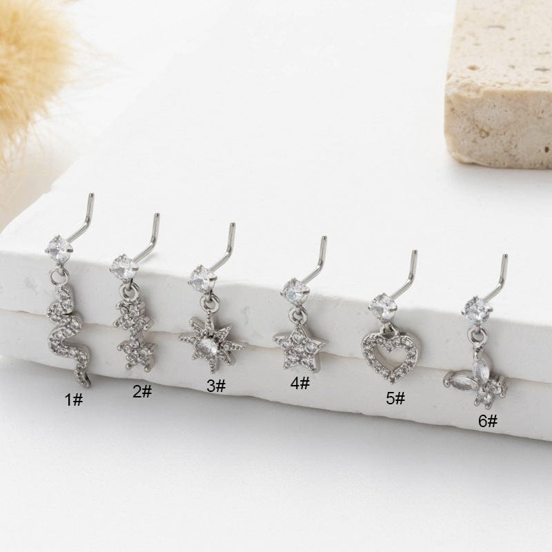 Trendy CZ Inlaid Snake Heart Butterfly Dangle Stainless Steel Nose Piercing Nose Stud - ArtGalleryZen