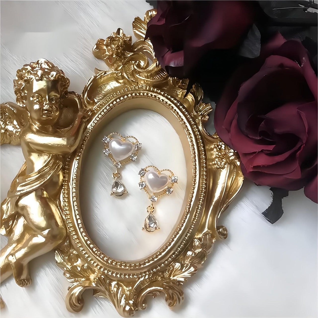 Trendy Dangling Rhinestone CZ Inlaid Pearl Heart Earrings - ArtGalleryZen