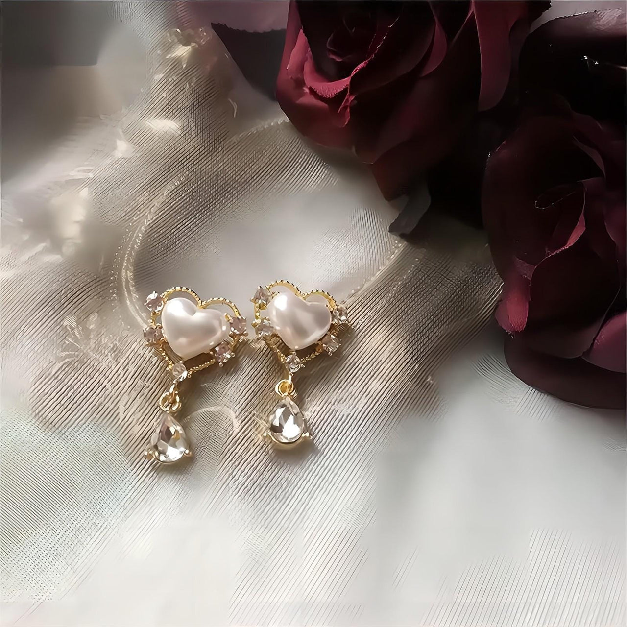 Trendy Dangling Rhinestone CZ Inlaid Pearl Heart Earrings - ArtGalleryZen