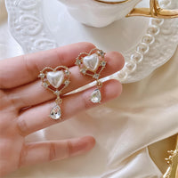 Thumbnail for Trendy Dangling Rhinestone CZ Inlaid Pearl Heart Earrings - ArtGalleryZen