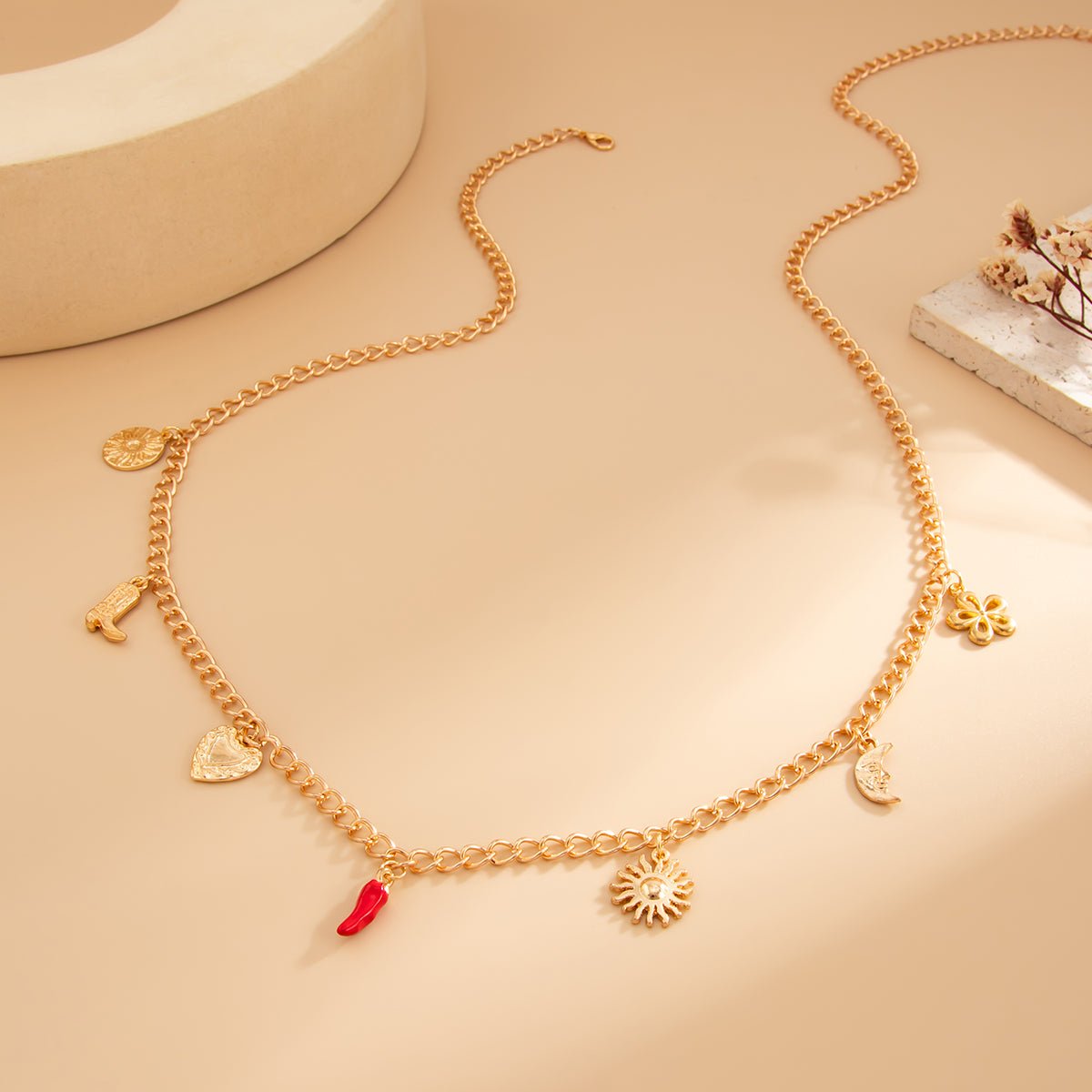 Trendy Enamel Chili Sun Moon Heart Charm Waist Chain - ArtGalleryZen