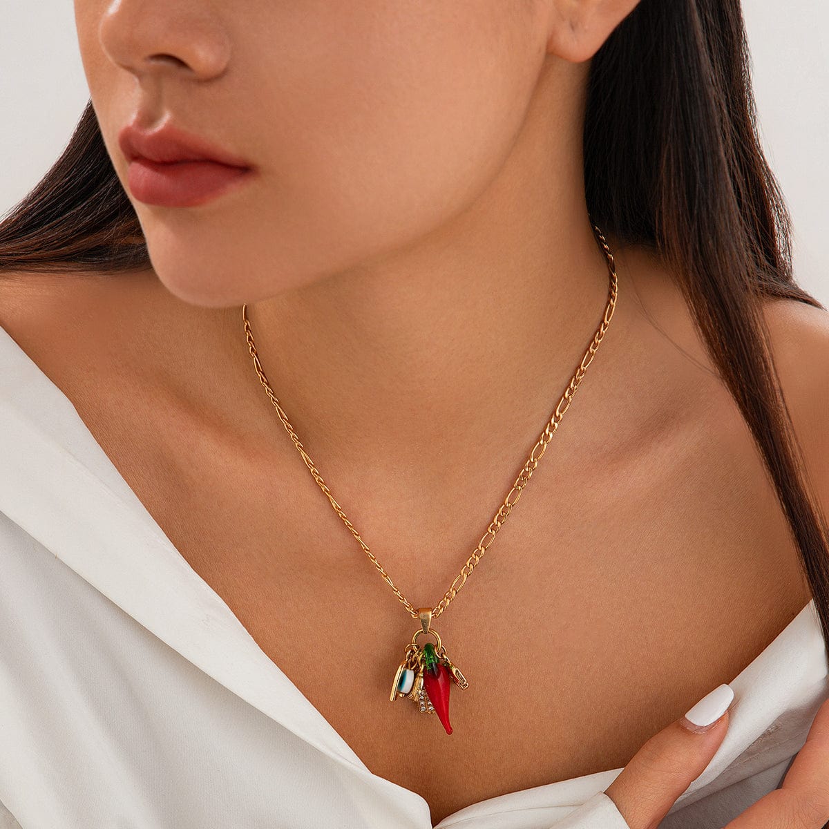 Trendy Glass Chili Evil Eye Lucky Horseshoe Pendant Necklace - ArtGalleryZen