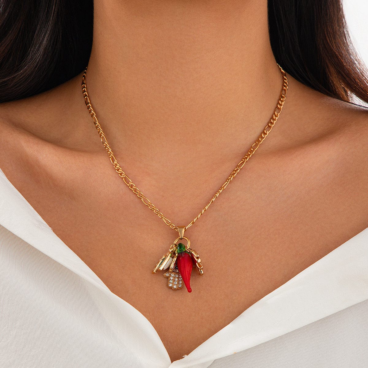 Trendy Glass Chili Evil Eye Lucky Horseshoe Pendant Necklace - ArtGalleryZen