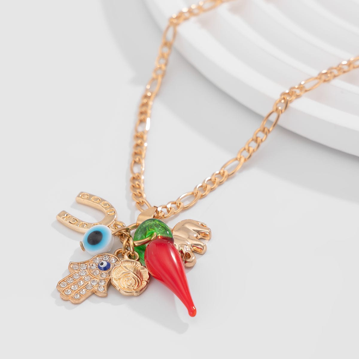 Trendy Glass Chili Evil Eye Lucky Horseshoe Pendant Necklace - ArtGalleryZen