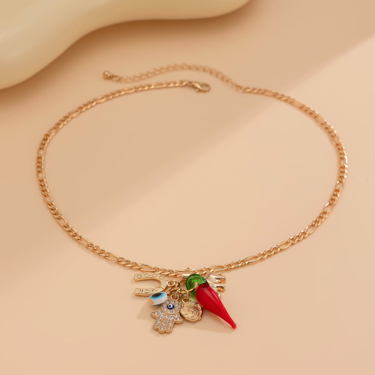 Trendy Glass Chili Evil Eye Lucky Horseshoe Pendant Necklace - ArtGalleryZen