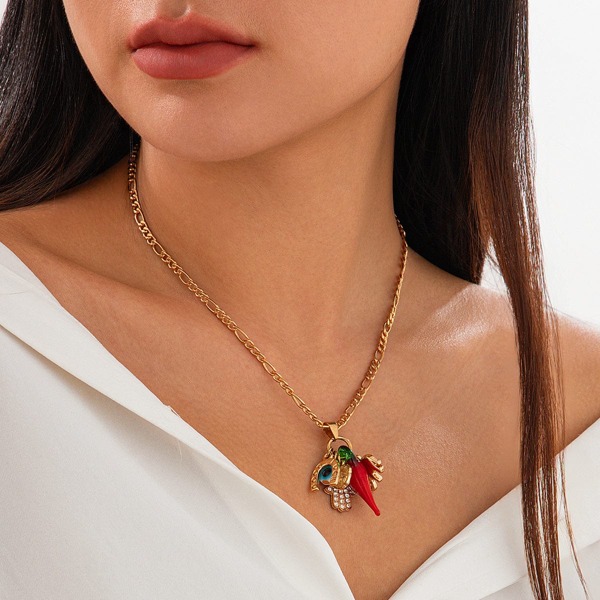 Trendy Glass Chili Evil Eye Lucky Horseshoe Pendant Necklace - ArtGalleryZen