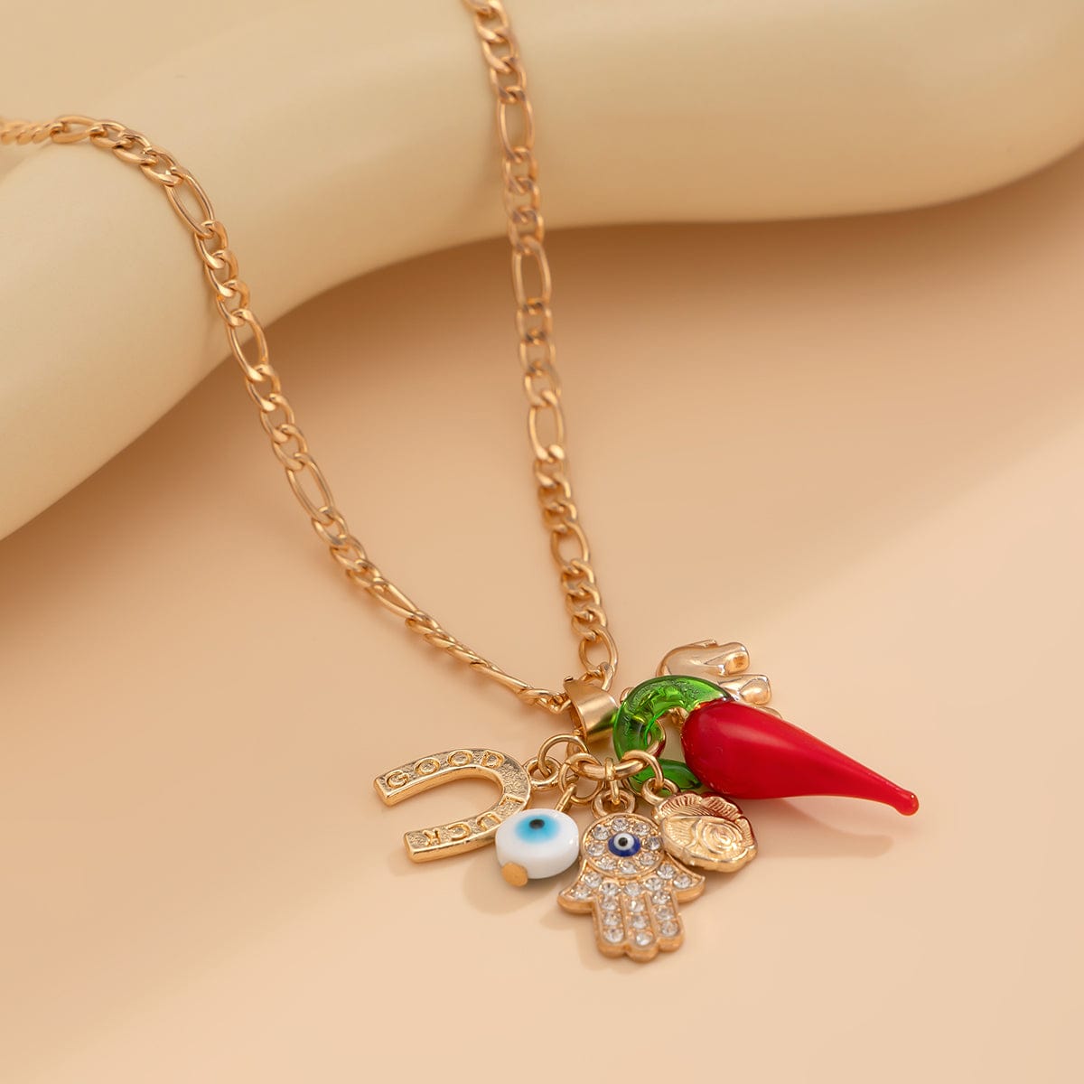 Trendy Glass Chili Evil Eye Lucky Horseshoe Pendant Necklace