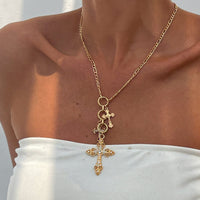 Thumbnail for Trendy Gold Plated Rhinestone Inlaid Cross Tassel Necklace - ArtGalleryZen