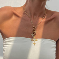 Thumbnail for Trendy Gold Plated Rhinestone Inlaid Cross Tassel Necklace - ArtGalleryZen