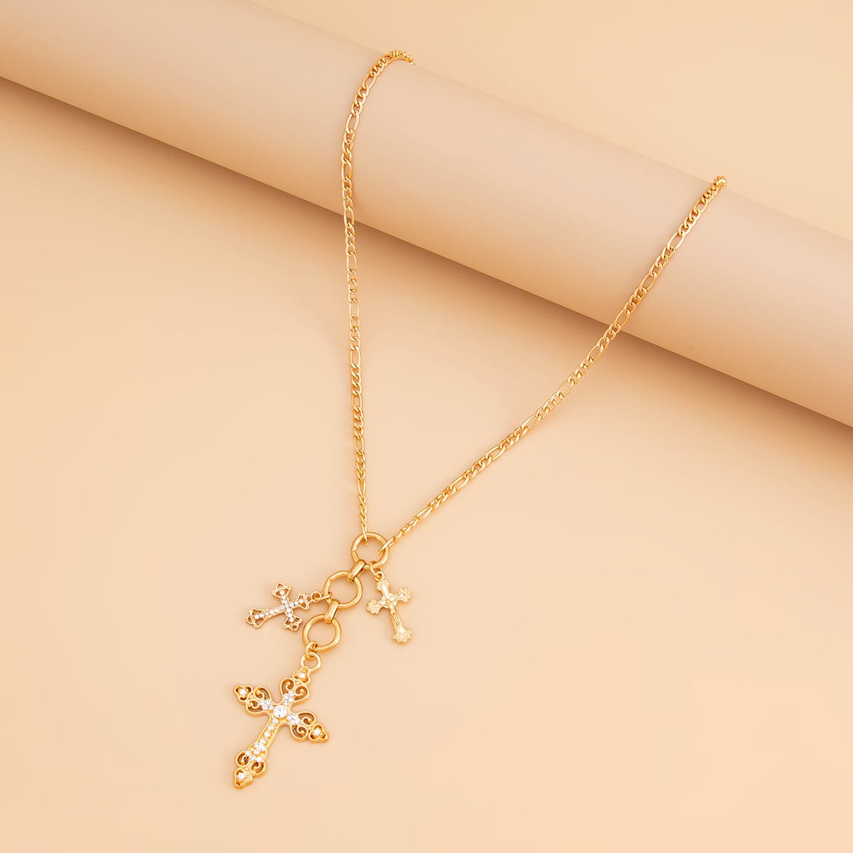 Trendy Gold Plated Rhinestone Inlaid Cross Tassel Necklace - ArtGalleryZen