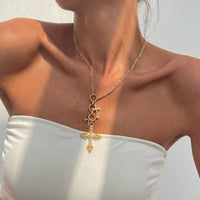 Thumbnail for Trendy Gold Plated Rhinestone Inlaid Cross Tassel Necklace - ArtGalleryZen