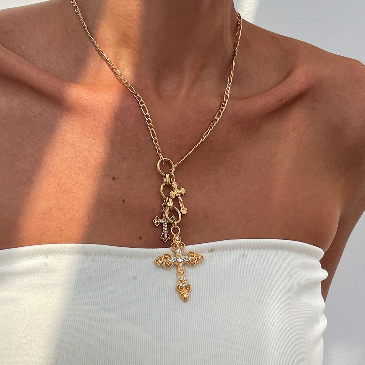 Trendy Gold Plated Rhinestone Inlaid Cross Tassel Necklace - ArtGalleryZen