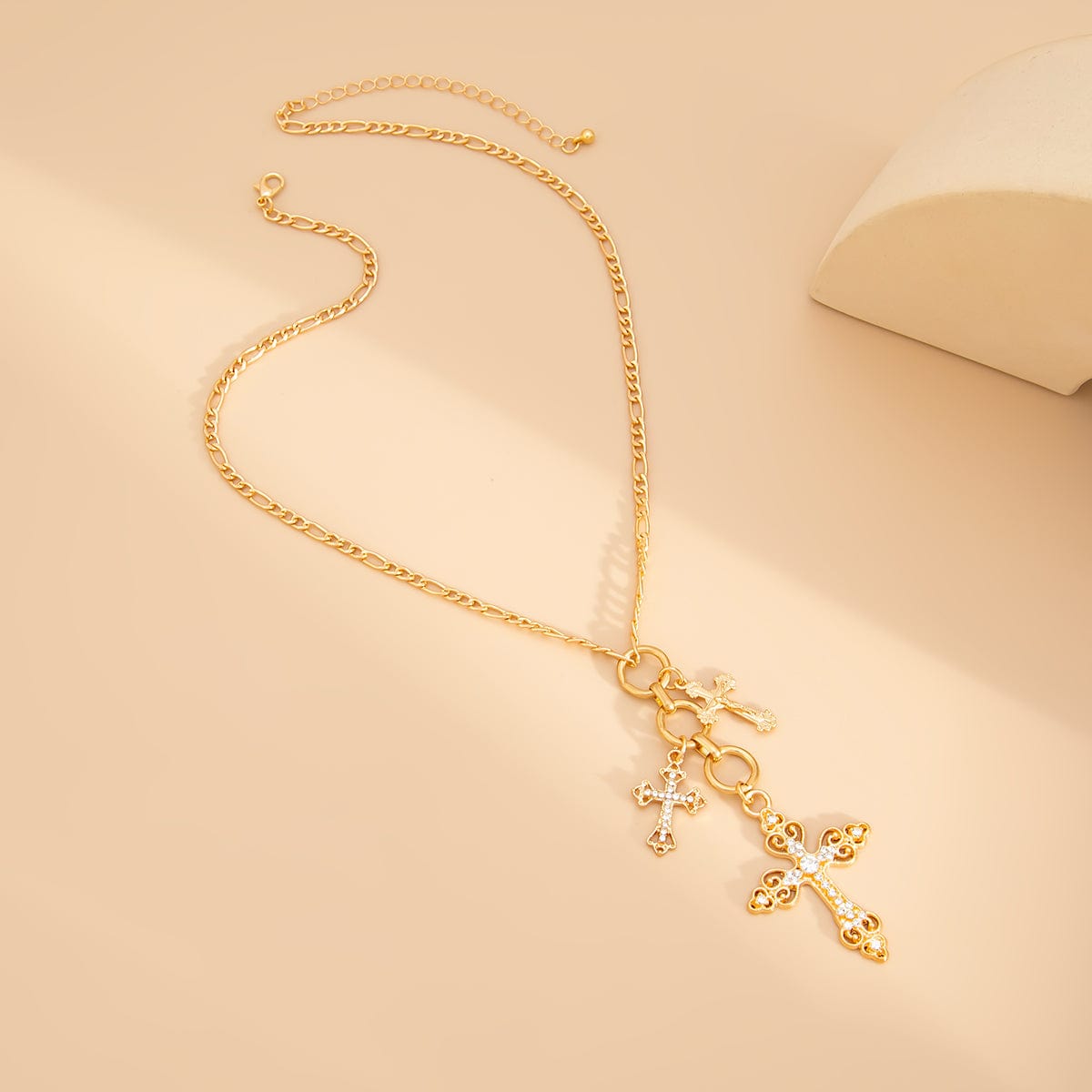 Trendy Gold Plated Rhinestone Inlaid Cross Tassel Necklace - ArtGalleryZen
