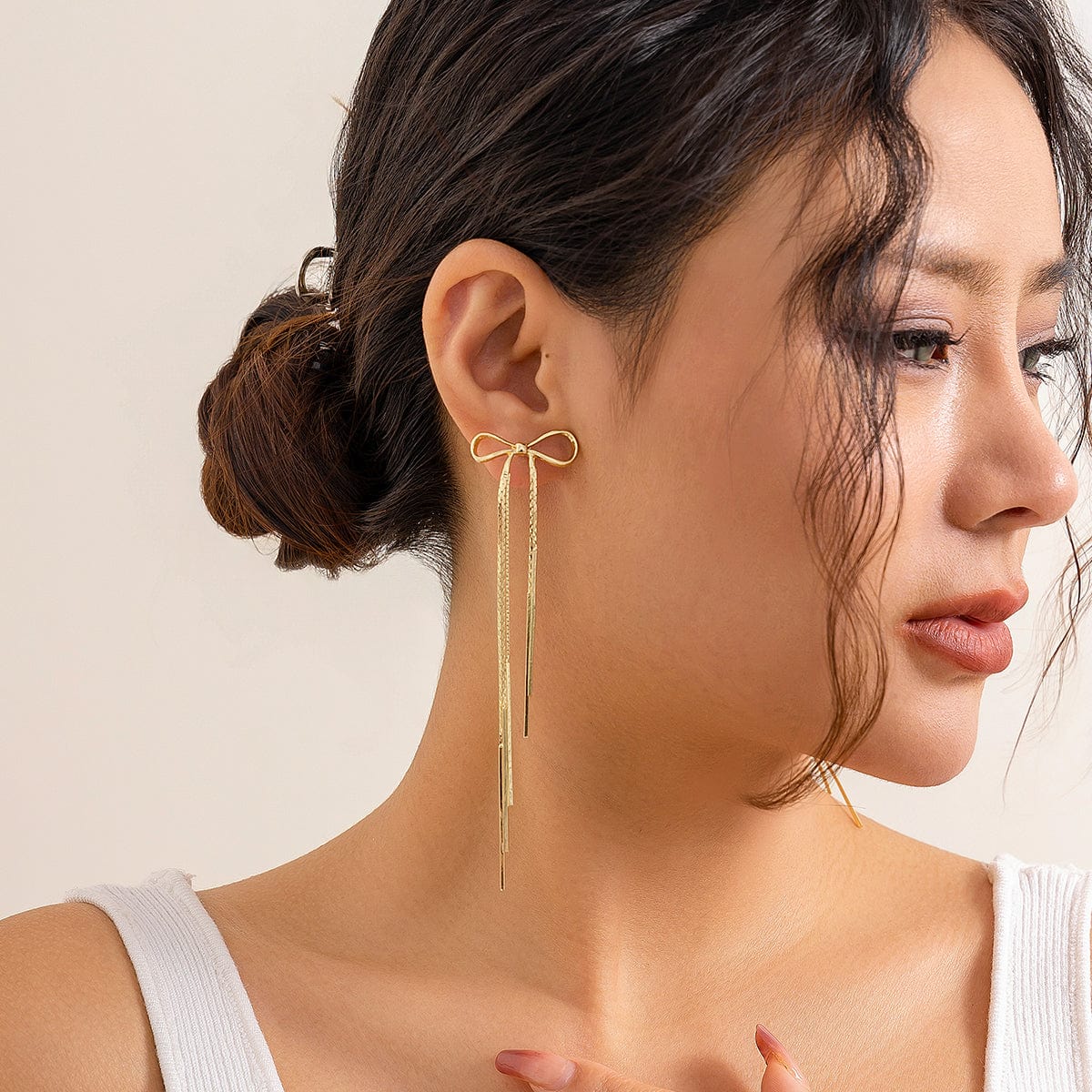 Trendy Gold Silver Tone Bowknot Tassel Chain Earrings