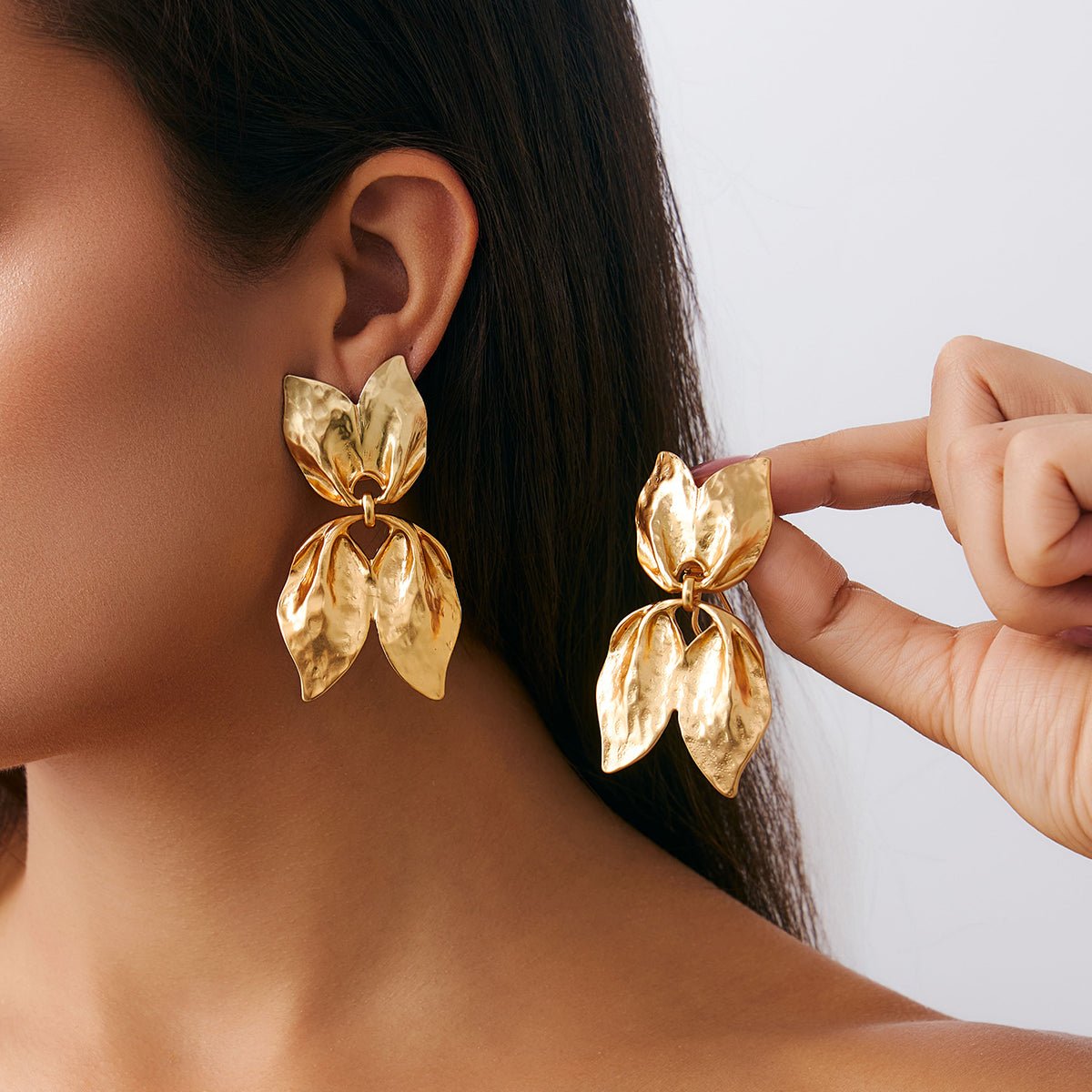 Trendy Gold Silver Tone Duo Leaf Dangle Stud Earrings - ArtGalleryZen