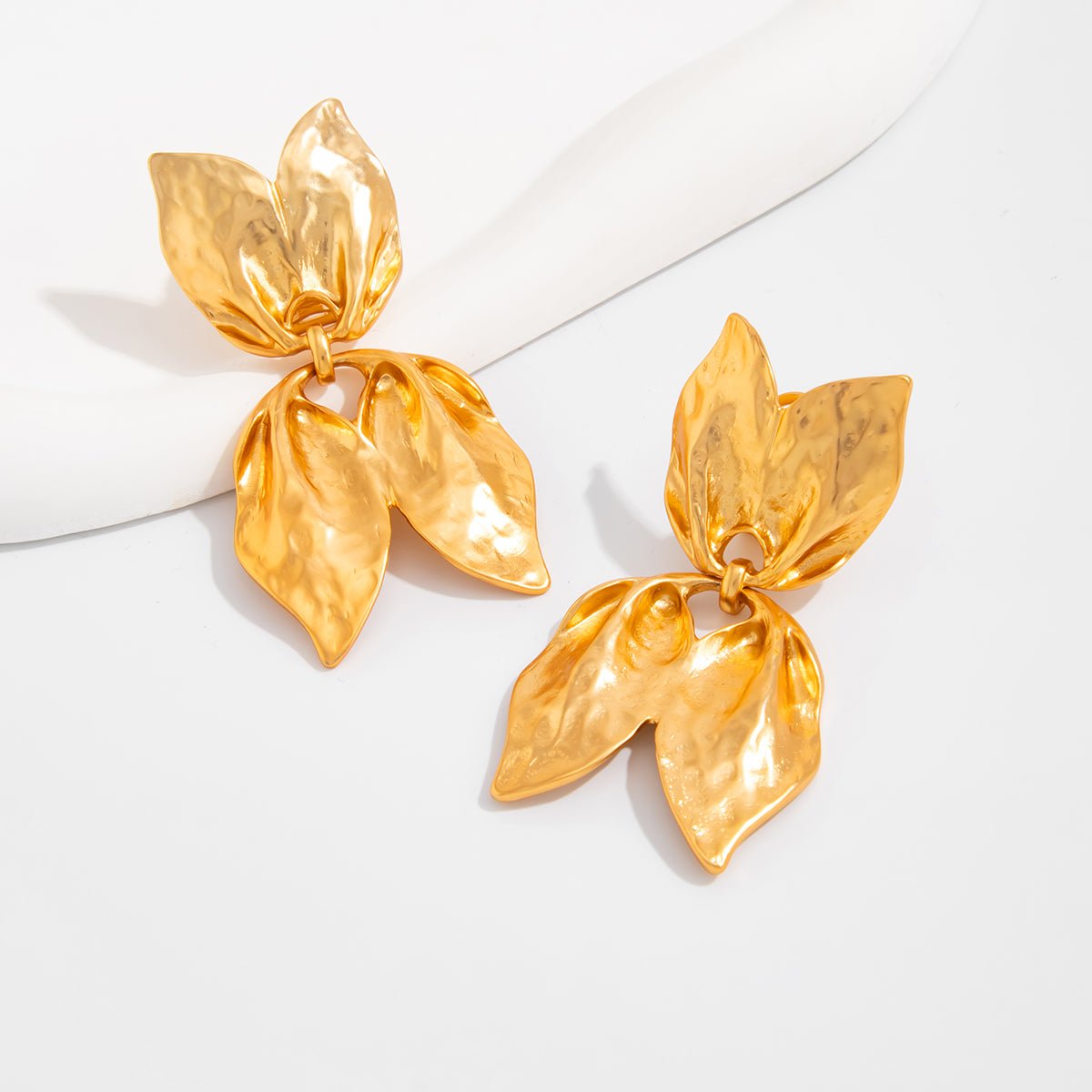 Trendy Gold Silver Tone Duo Leaf Dangle Stud Earrings - ArtGalleryZen