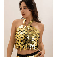 Thumbnail for Trendy Gold Silver Tone Lingerie Halter Top Backless Glitter Heart Sequins Bra