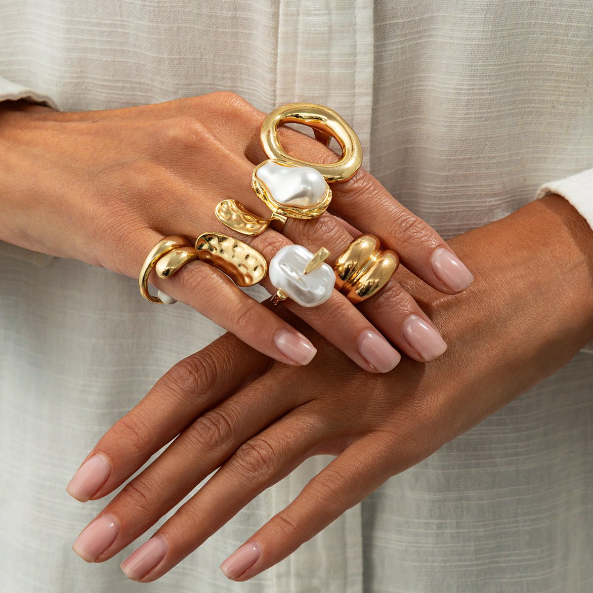 Trendy Gold Tone Irregular Pearl Hoop Waterdrop Ring Set - ArtGalleryZen