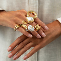 Thumbnail for Trendy Gold Tone Irregular Pearl Hoop Waterdrop Ring Set - ArtGalleryZen