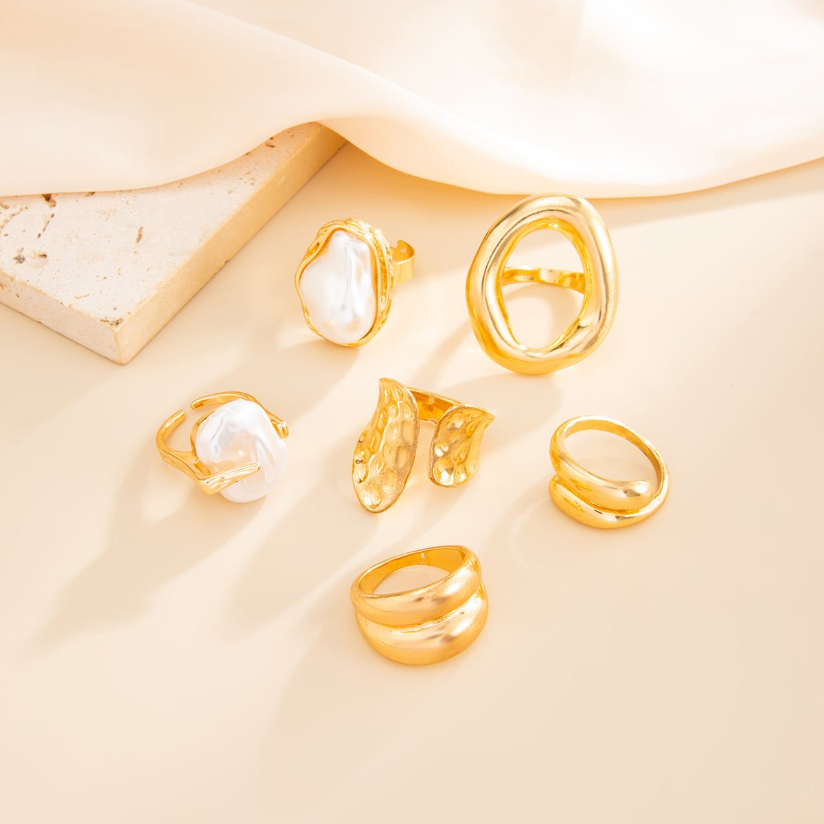 Trendy Gold Tone Irregular Pearl Hoop Waterdrop Ring Set - ArtGalleryZen