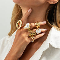 Thumbnail for Trendy Gold Tone Irregular Pearl Hoop Waterdrop Ring Set - ArtGalleryZen