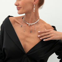 Thumbnail for Trendy Heart Black Gallstone Tassel Pearl Curb Chain Necklace Earrings Set - ArtGalleryZen