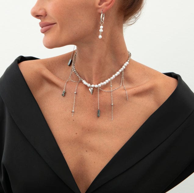 Trendy Heart Black Gallstone Tassel Pearl Curb Chain Necklace Earrings Set - ArtGalleryZen