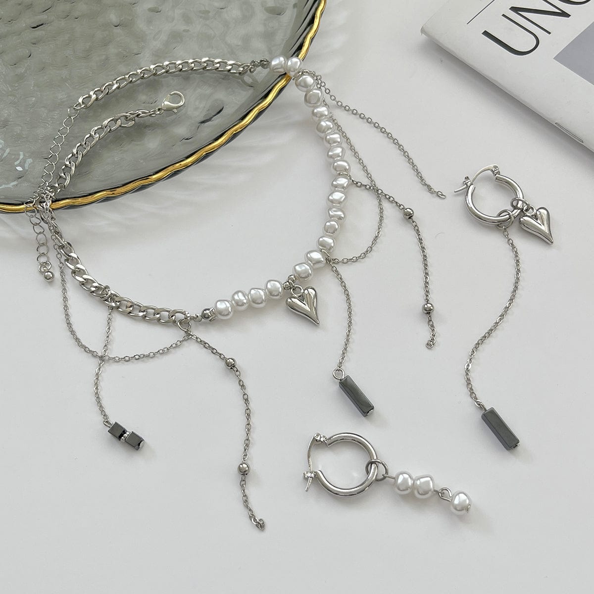 Trendy Heart Black Gallstone Tassel Pearl Curb Chain Necklace Earrings Set - ArtGalleryZen