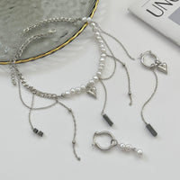 Thumbnail for Trendy Heart Black Gallstone Tassel Pearl Curb Chain Necklace Earrings Set - ArtGalleryZen