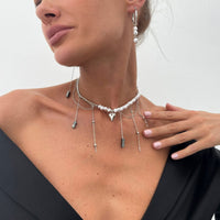 Thumbnail for Trendy Heart Black Gallstone Tassel Pearl Curb Chain Necklace Earrings Set - ArtGalleryZen