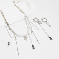 Thumbnail for Trendy Heart Black Gallstone Tassel Pearl Curb Chain Necklace Earrings Set - ArtGalleryZen