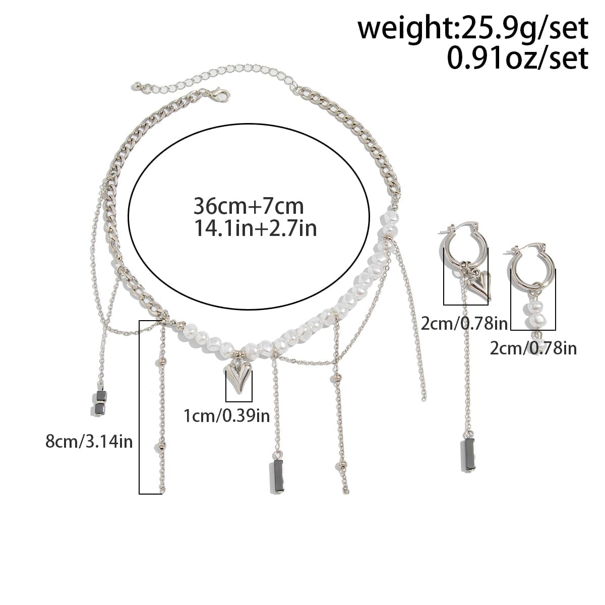 Trendy Heart Black Gallstone Tassel Pearl Curb Chain Necklace Earrings Set - ArtGalleryZen