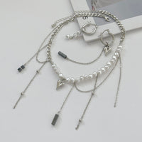 Thumbnail for Trendy Heart Black Gallstone Tassel Pearl Curb Chain Necklace Earrings Set - ArtGalleryZen