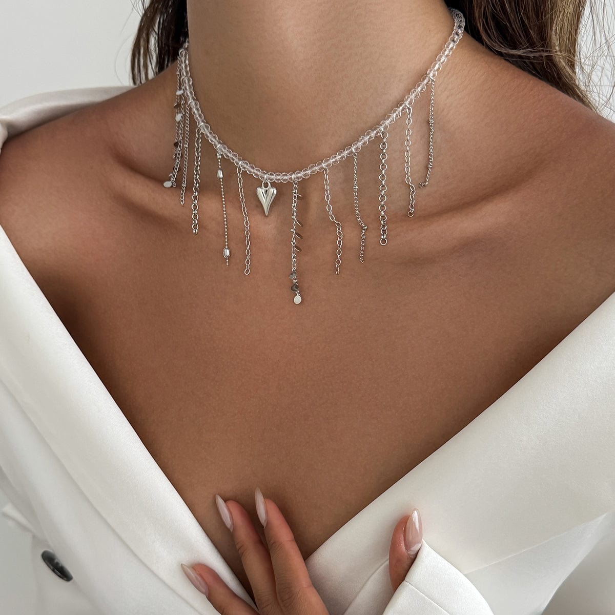 Trendy Heart Chain Tassel Crystal Choker Necklace - ArtGalleryZen