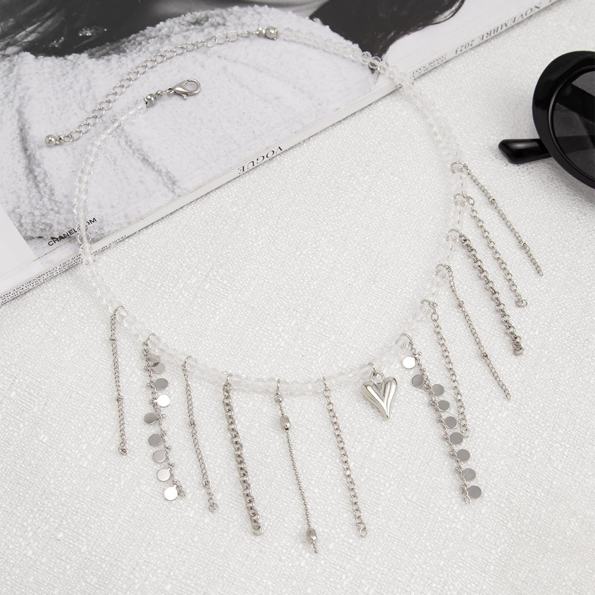 Trendy Heart Chain Tassel Crystal Choker Necklace - ArtGalleryZen