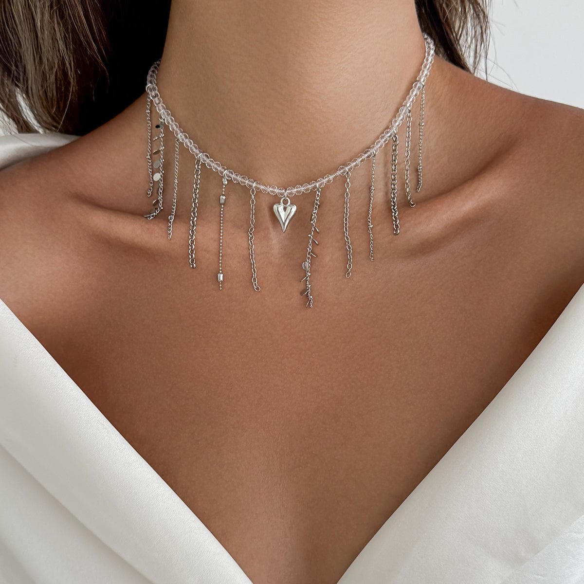 Trendy Heart Chain Tassel Crystal Choker Necklace - ArtGalleryZen