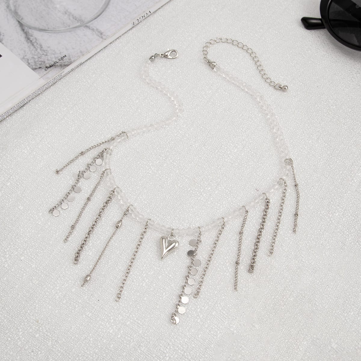 Trendy Heart Chain Tassel Crystal Choker Necklace - ArtGalleryZen