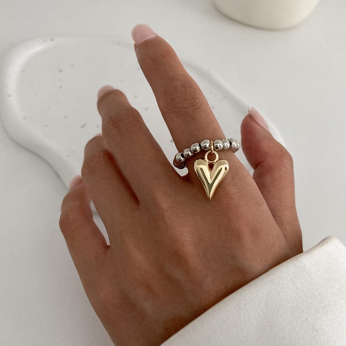 Trendy Heart Dangle Beaded Ring - ArtGalleryZen