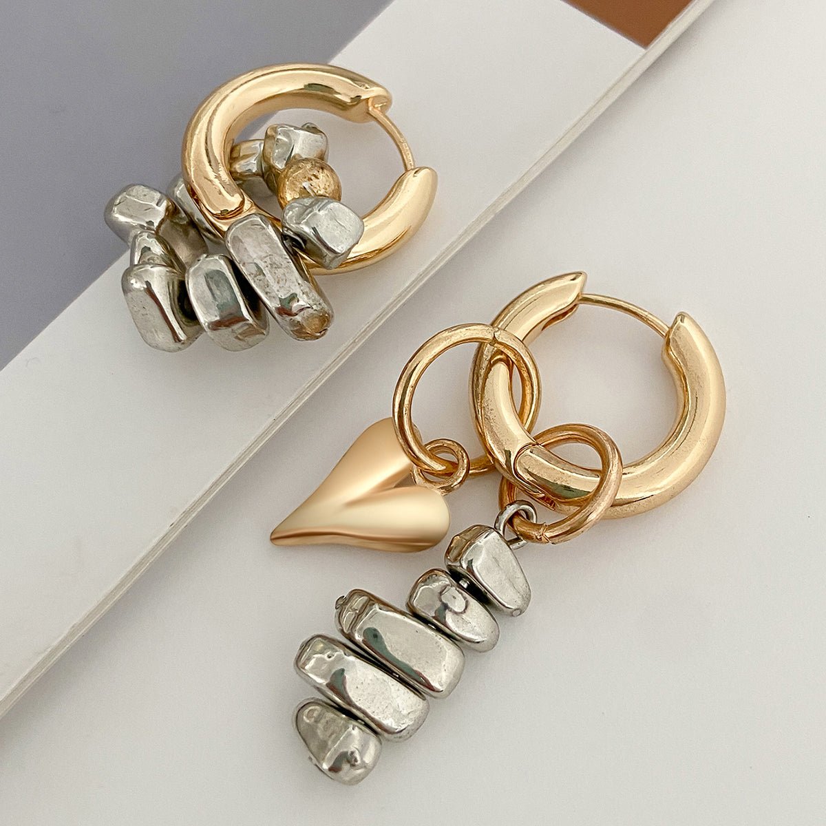 Trendy Heart Irregular Beaded Dangle Huggie Hoop Earrings - ArtGalleryZen